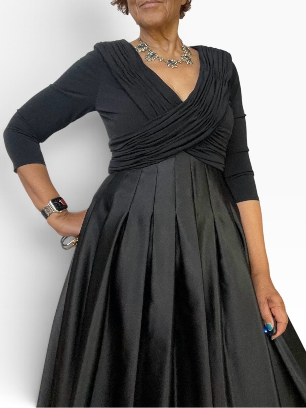 Eliza J Black Long Sleeve Pleated-Top Satin Skirt Dress Size 12